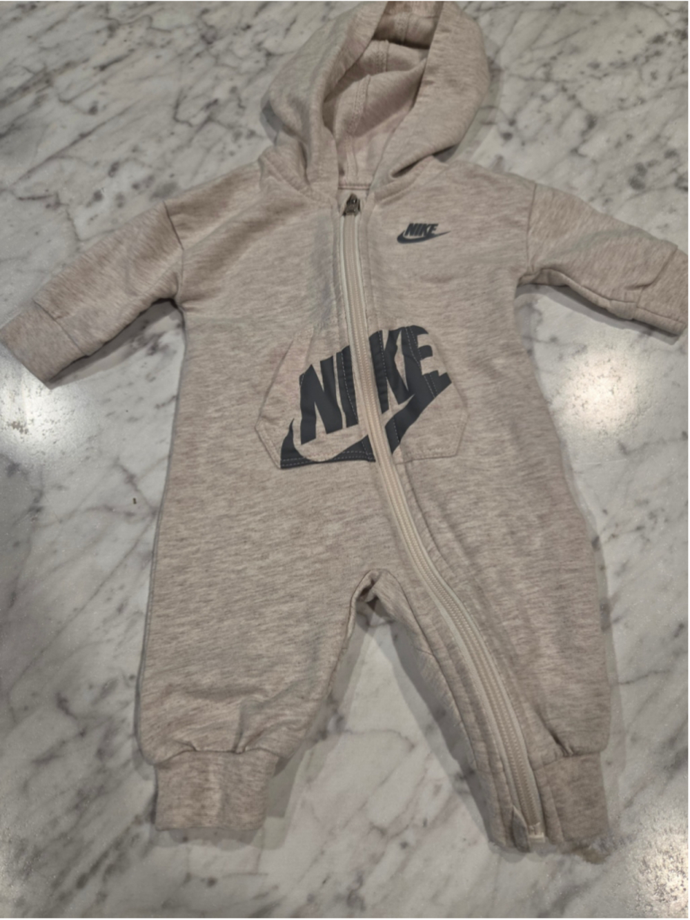 Baby Nike Hooded Footie Romper - Beige/Grey - 3 Months